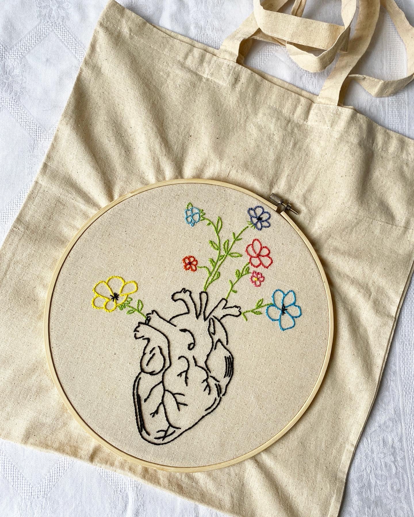 TOTEBAG "CUORE ANATOMICO E FIORI"